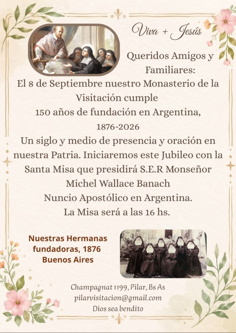 Invitación: 150 años de la Visitación en Argentina, Misa de apertura del Jubileo el 8 de septiembre a las 16 hs